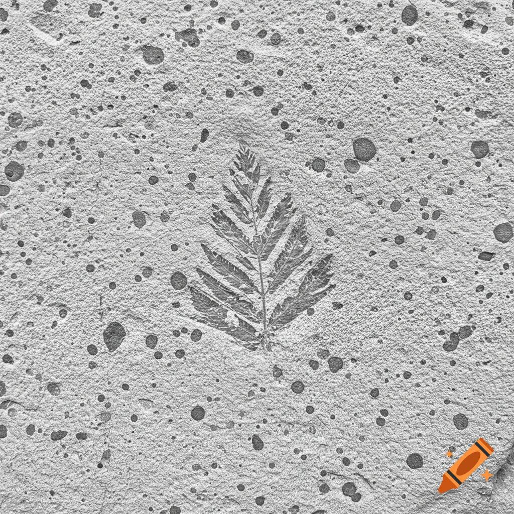 Grayscale close-up of a fern fossil imprint in speckled rock.