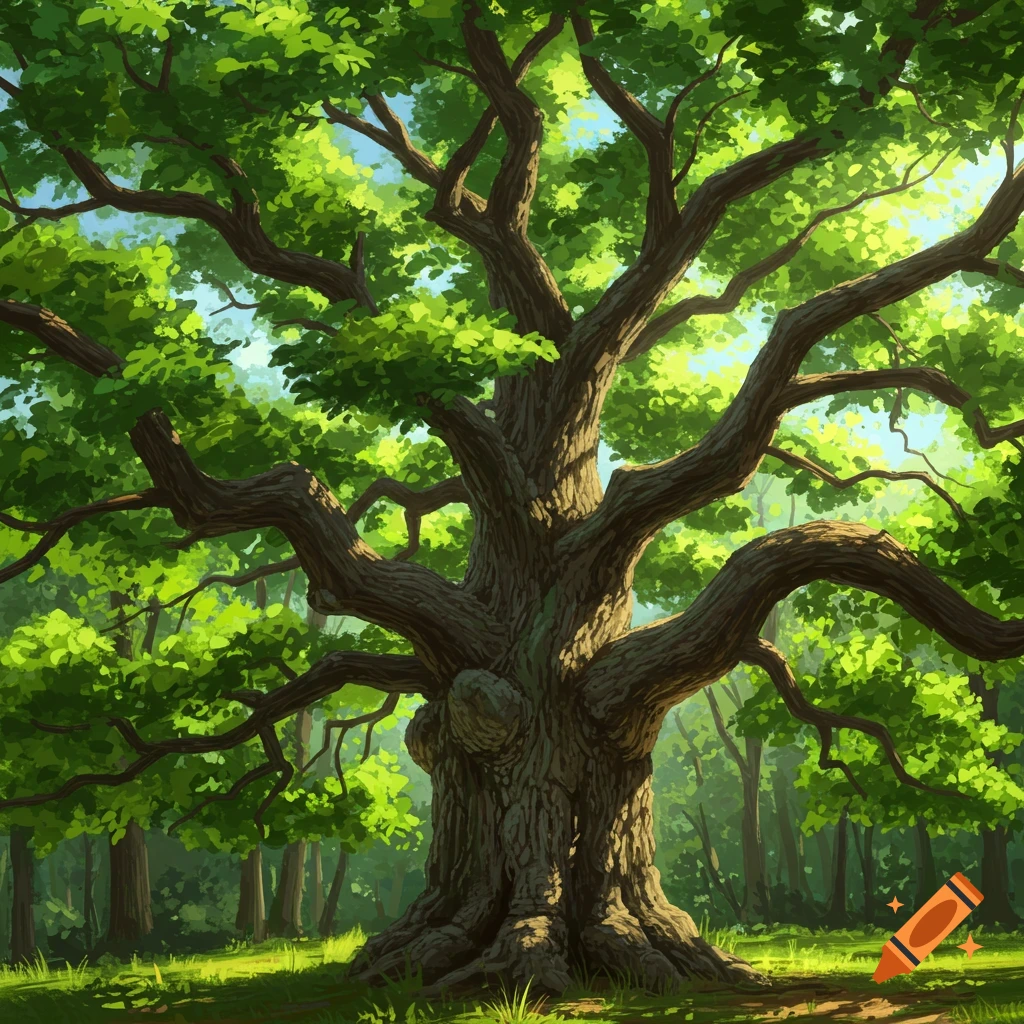 A large, old tree with sprawling branches in a sunny forest.