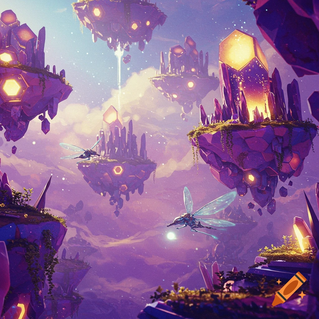 Purple floating islands with glowing crystals and structures, and insect-like creatures flying in a fantasy realm.