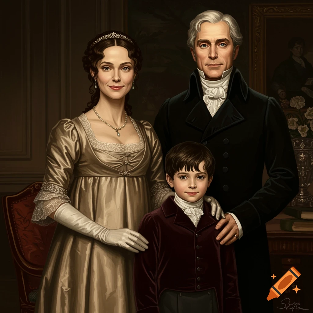 Regency era portrait of a family: a woman in a satin gown, a man in a frock coat, and a boy in a velvet suit.