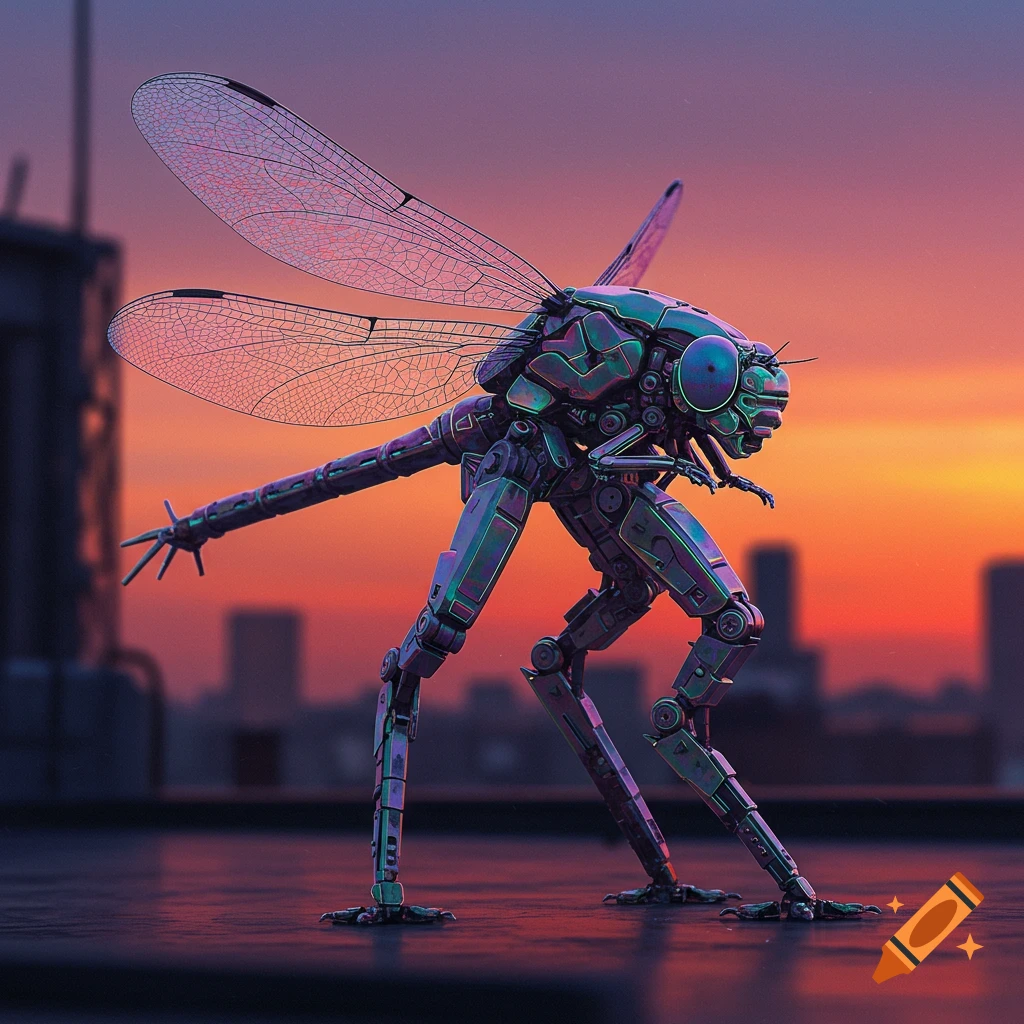 A bipedal mech inspired by a dragonfly standing on a rooftop against a sunset city skyline.