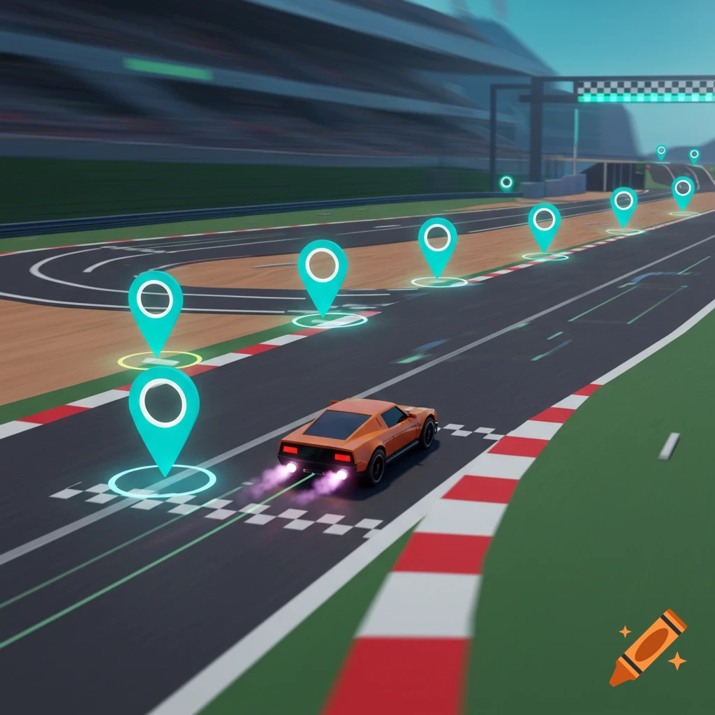 A 3D render of an orange car on a race track with glowing checkpoint markers.