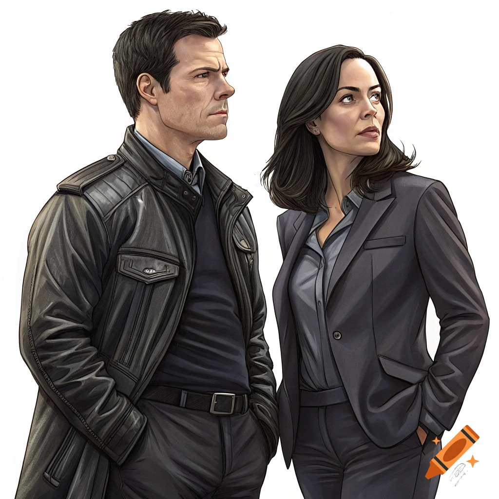 Illustration of a man in a leather jacket and a woman in a suit looking away from the viewer.