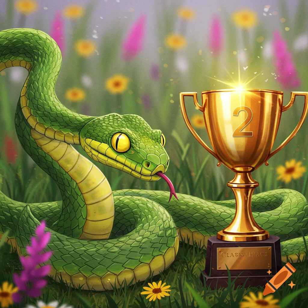A green snake looks at a golden trophy in a grassy field.