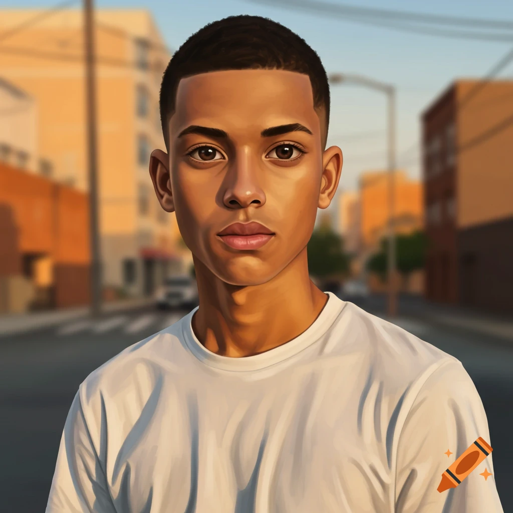 Portrait of a young man with a buzzcut in a white t-shirt standing on a city street at sunset.