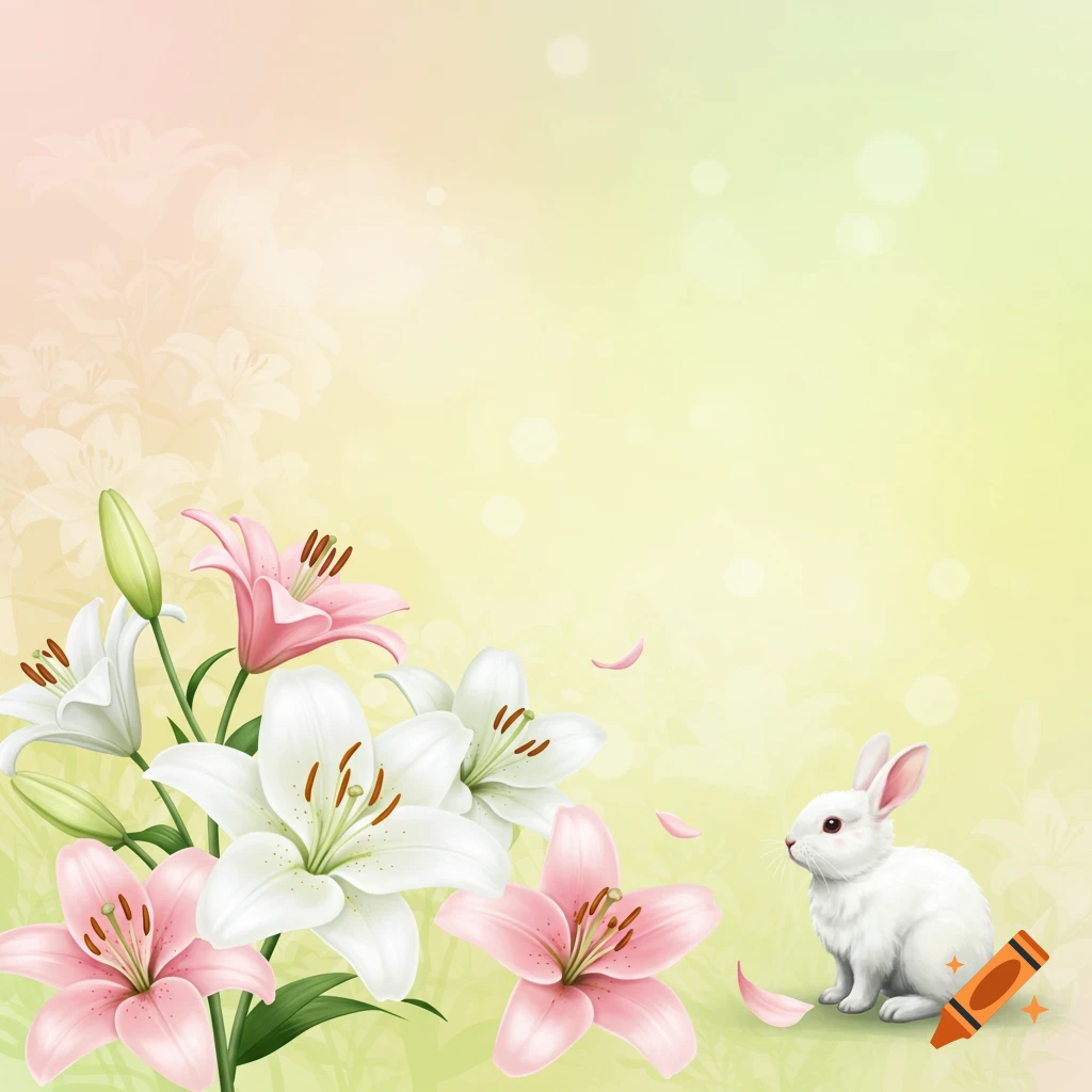 A white rabbit sitting near pink and white lilies on a pastel background.