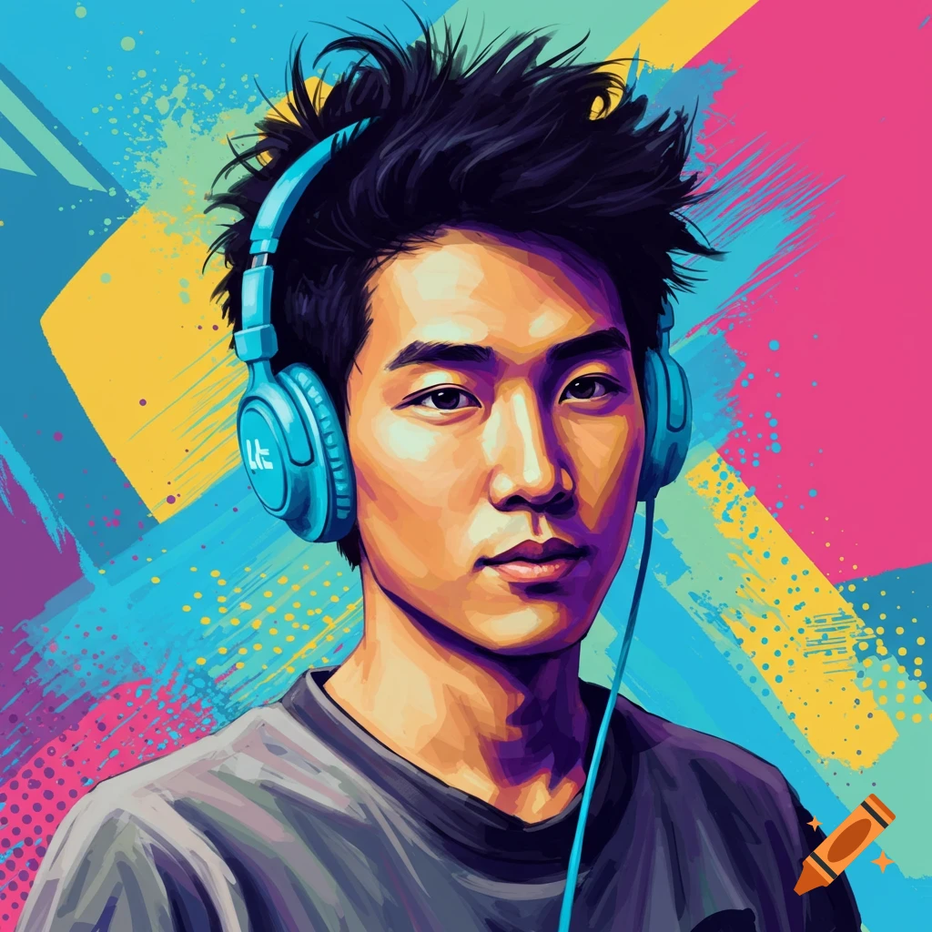 A man wearing headphones against a colorful abstract background.