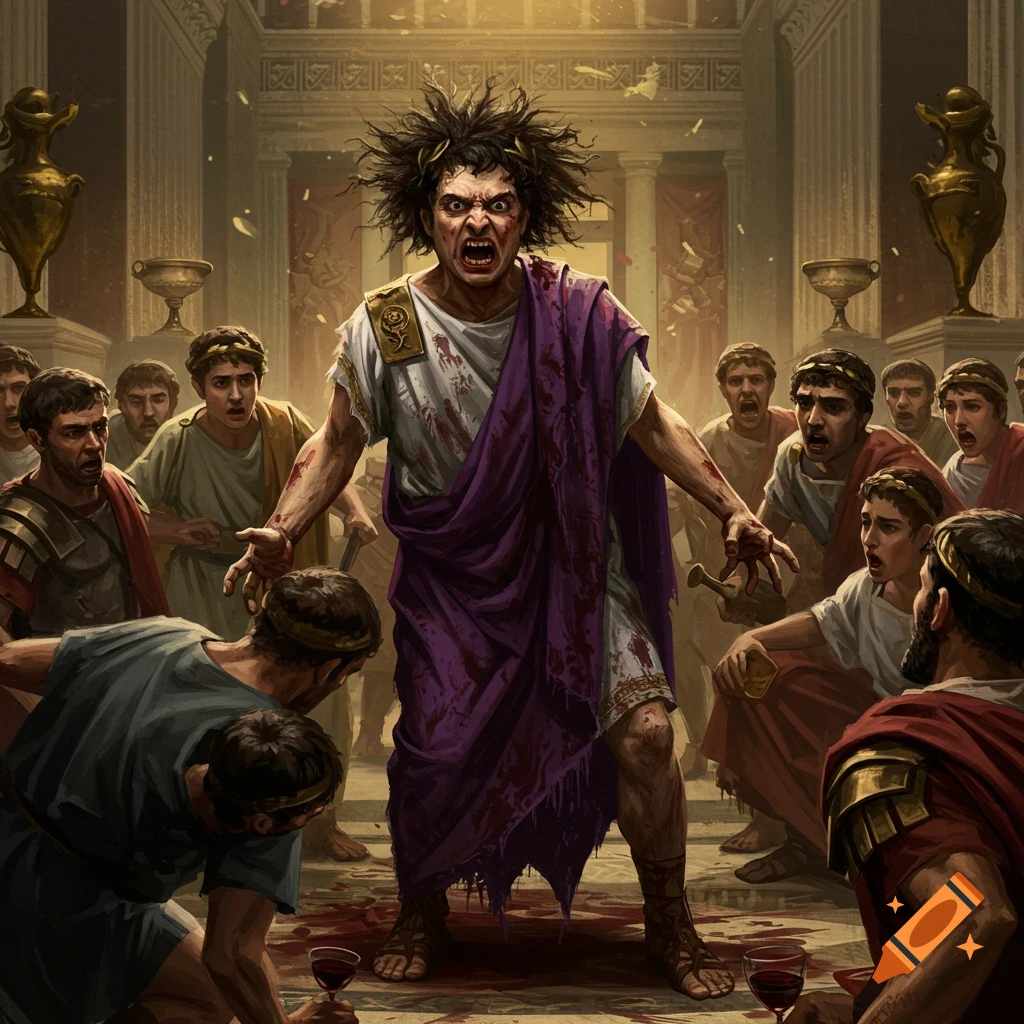 A bloody Roman leader screams at shocked figures in a room.
