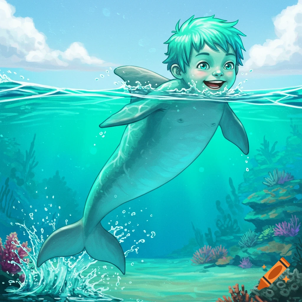 A happy dolphin-boy hybrid is swimming underwater among coral.