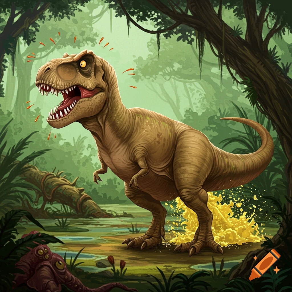 A cartoon T-Rex having diarrhea in a jungle swamp.