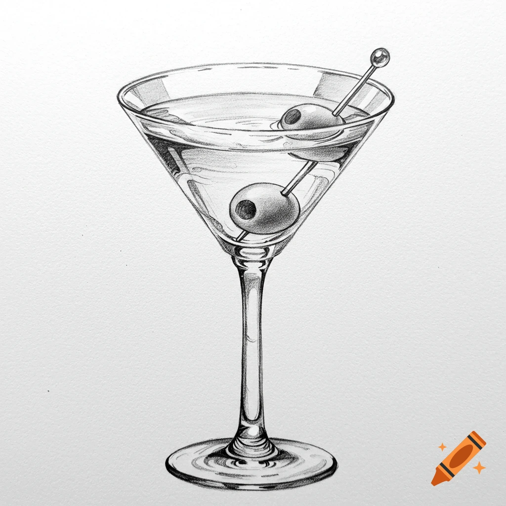 Pencil sketch of a martini glass with two olives on a skewer.