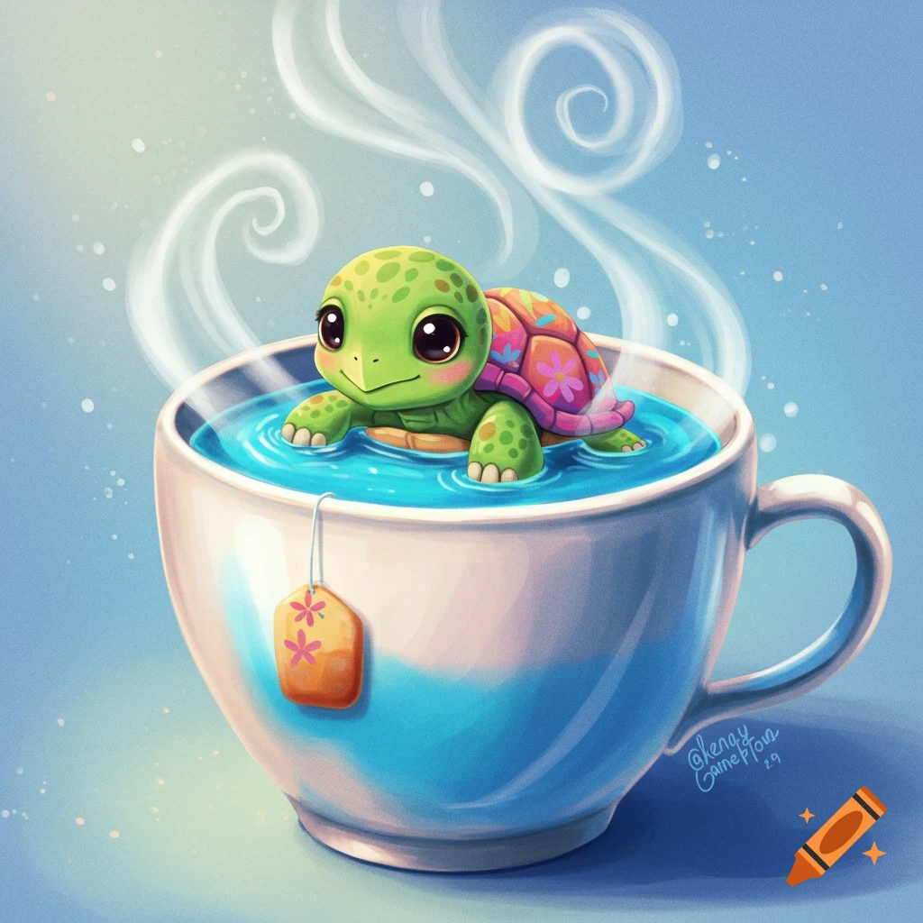 A cute cartoon turtle swims in a teacup with steam rising.
