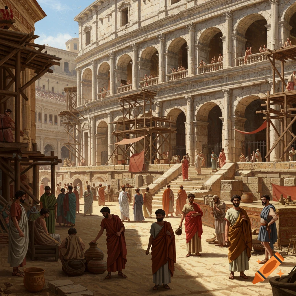 The Colosseum in ancient Rome with people and construction scaffolding.