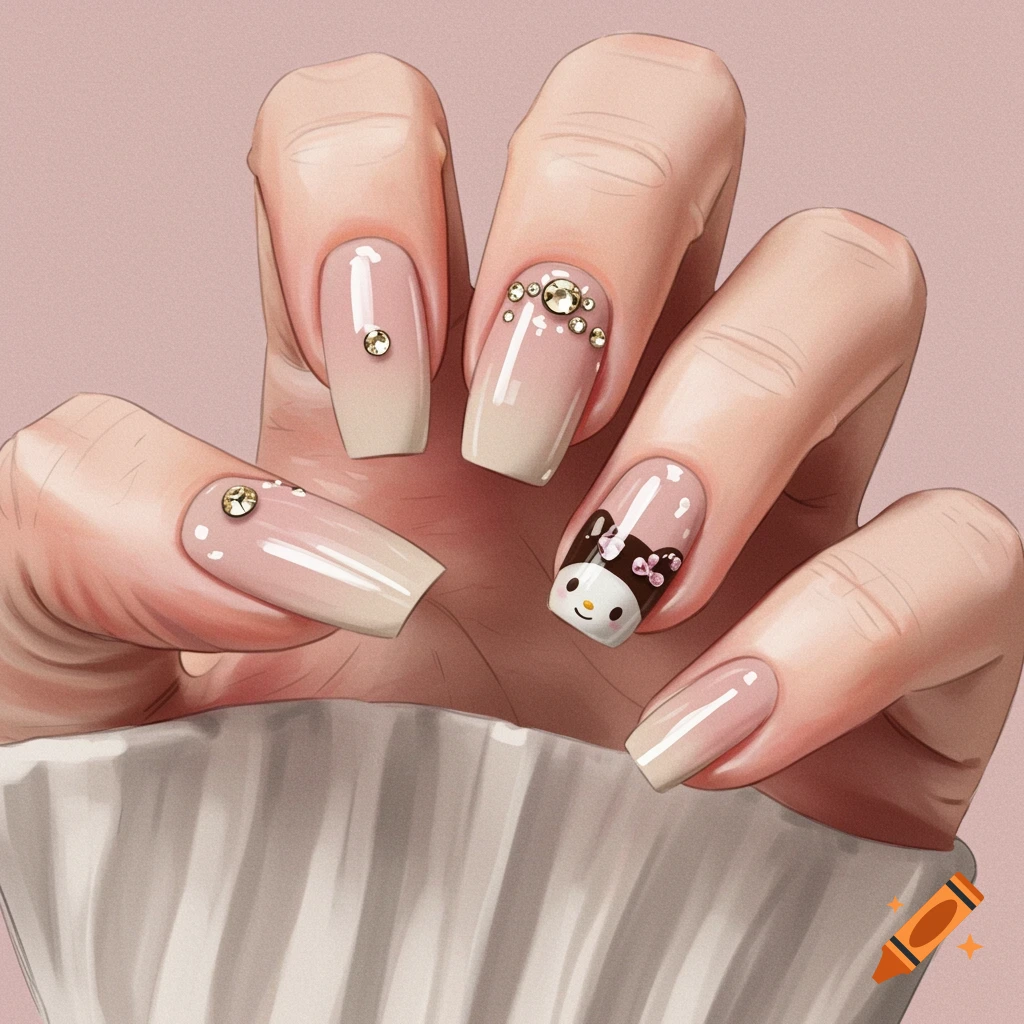 A hand with beige ombre nail art featuring rhinestones and a My Melody design.