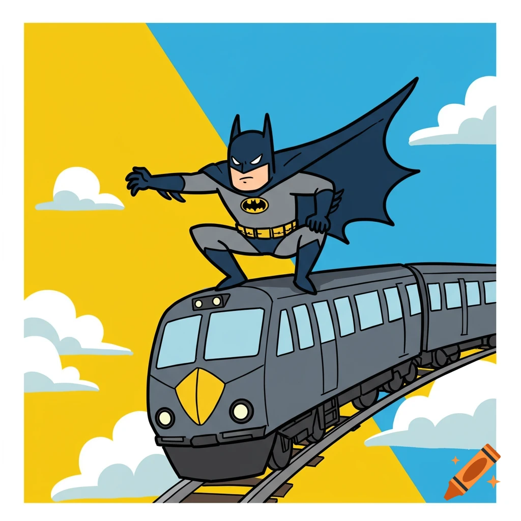Cartoon drawing of Batman crouching on top of a train.