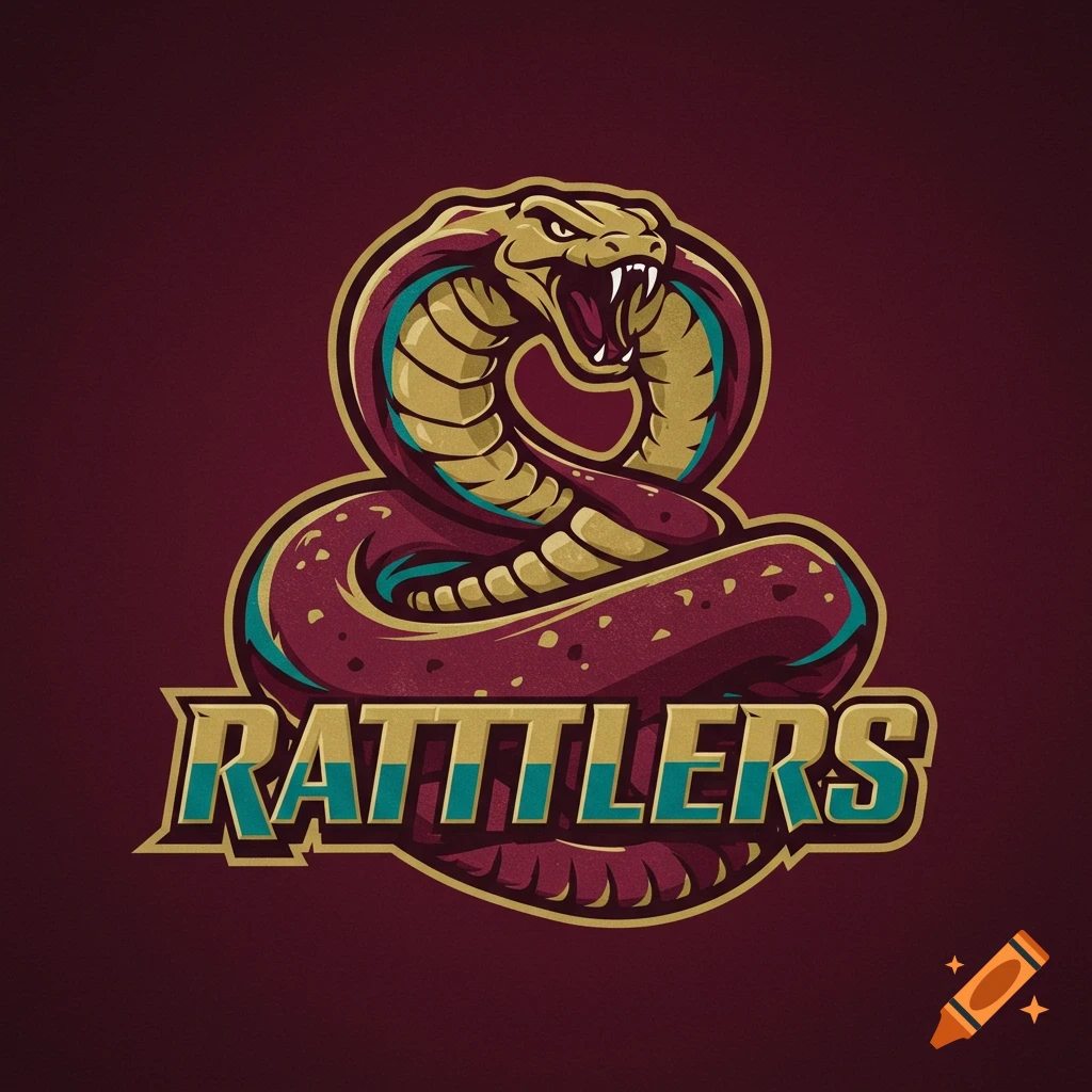 A maroon, gold, and turquoise sports logo features a coiled snake with fangs visible, and the word 'RATTLERS' below it.
