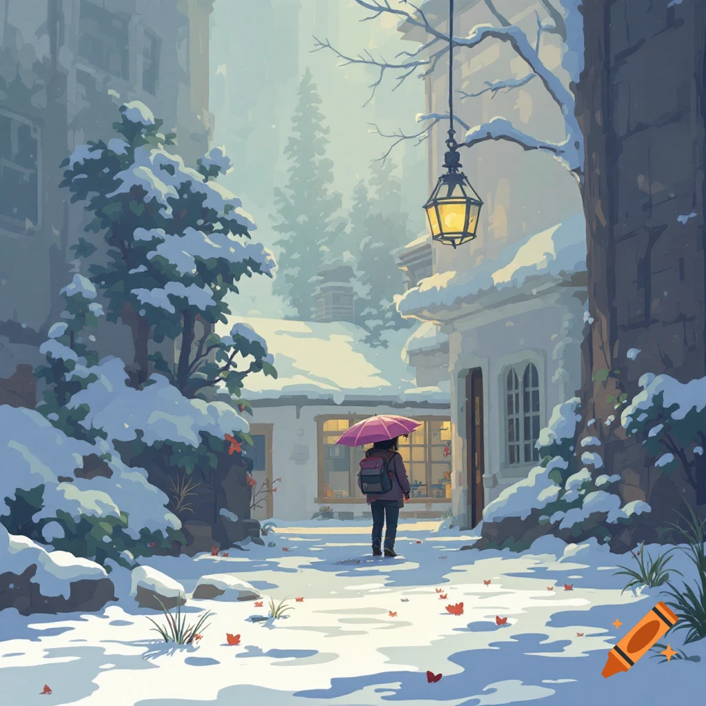 A person with a pink umbrella walks down a snowy street.