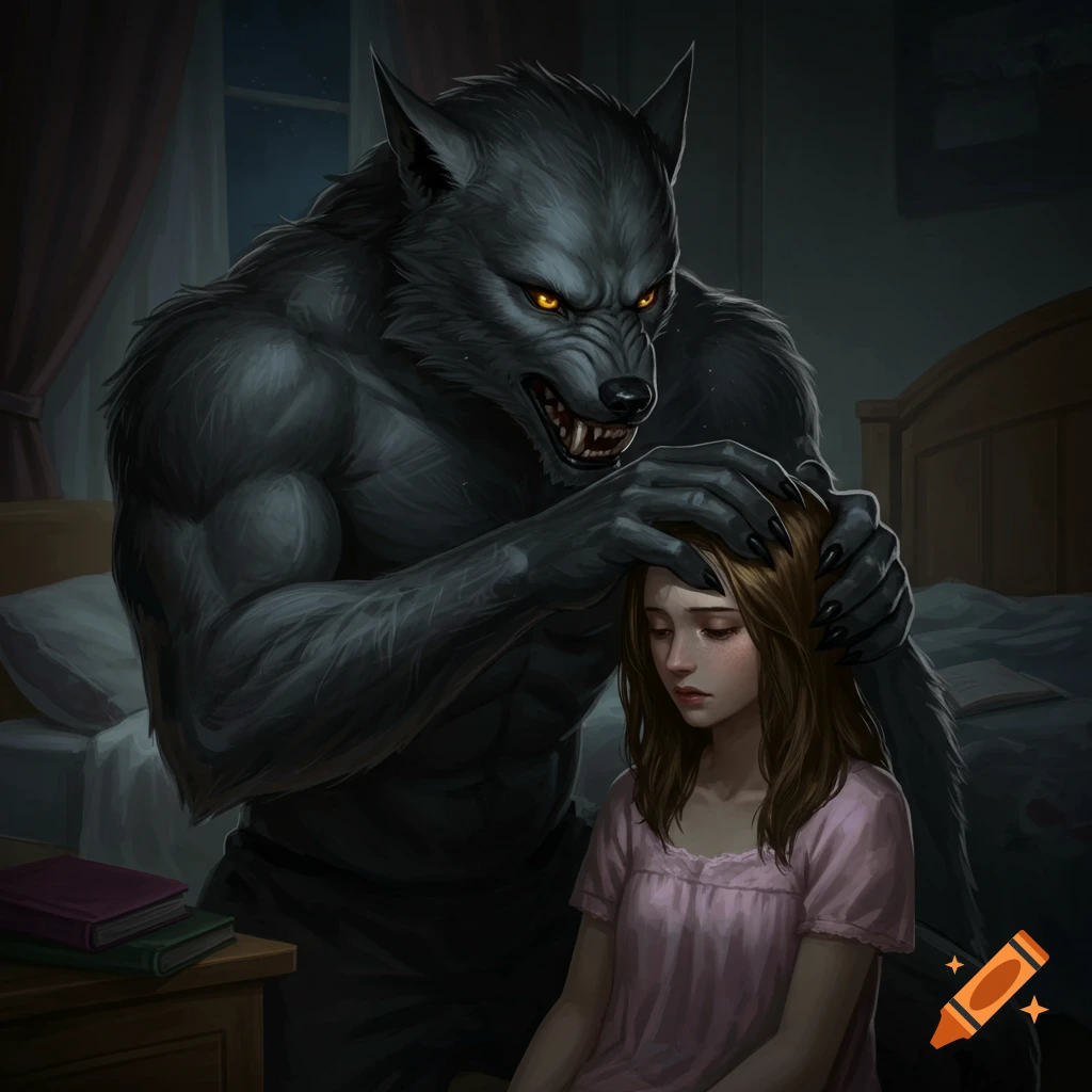 A werewolf touches a girl's head in a dimly lit bedroom.