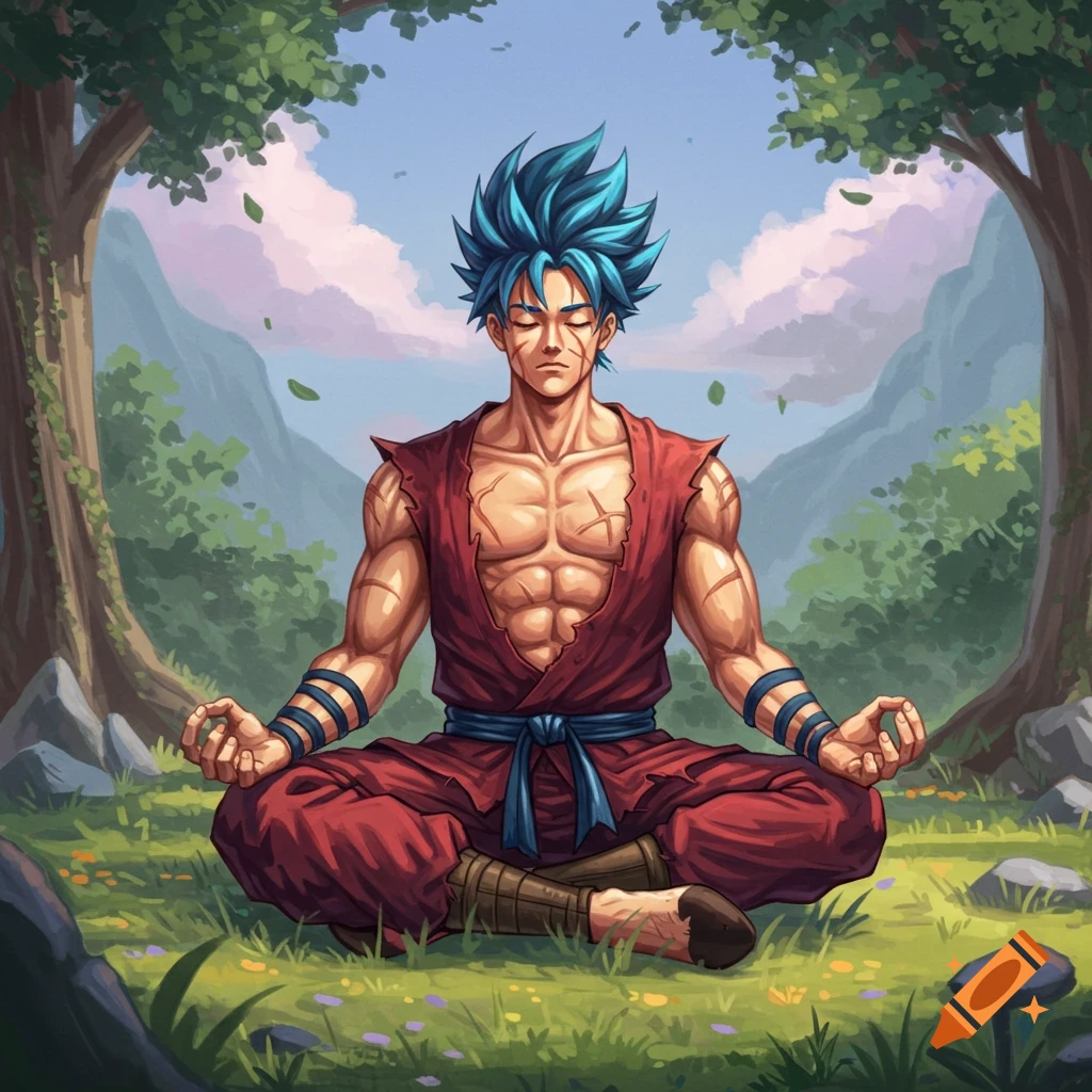 Muscular anime character with blue spiky hair meditating in a serene forest setting.