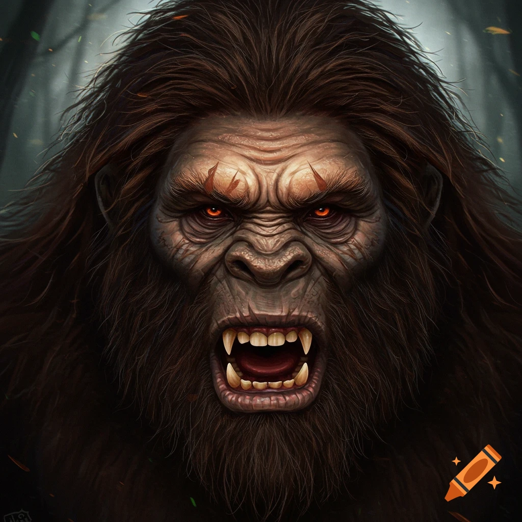 Face of a fierce Sasquatch with glowing red eyes and sharp teeth
