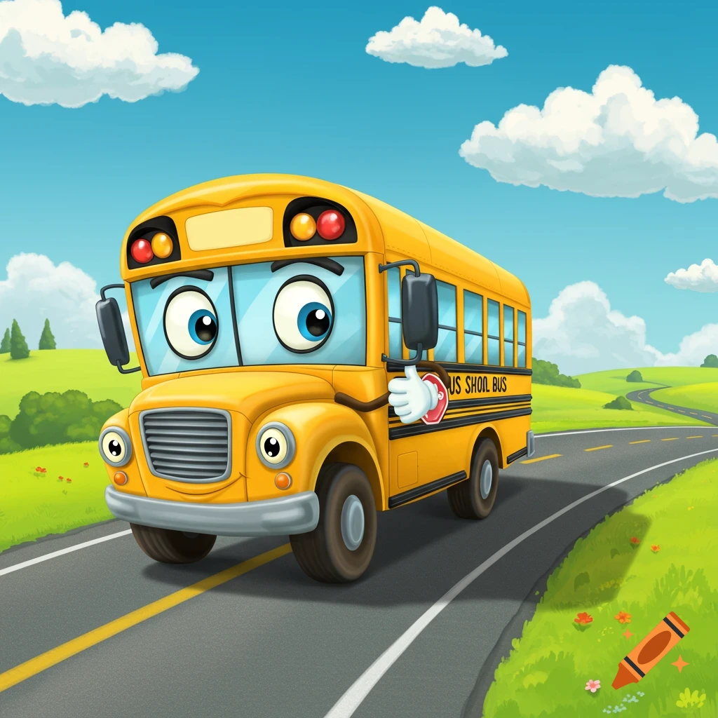 A cartoon yellow school bus drives on a road through a grassy landscape.
