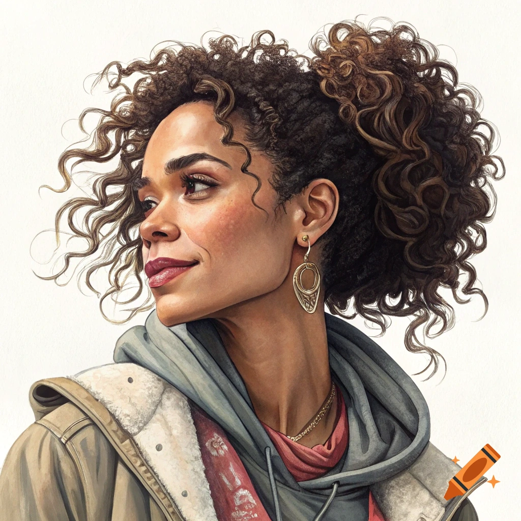 Illustration of a woman with curly hair in a ponytail, wearing a hoodie and jacket.