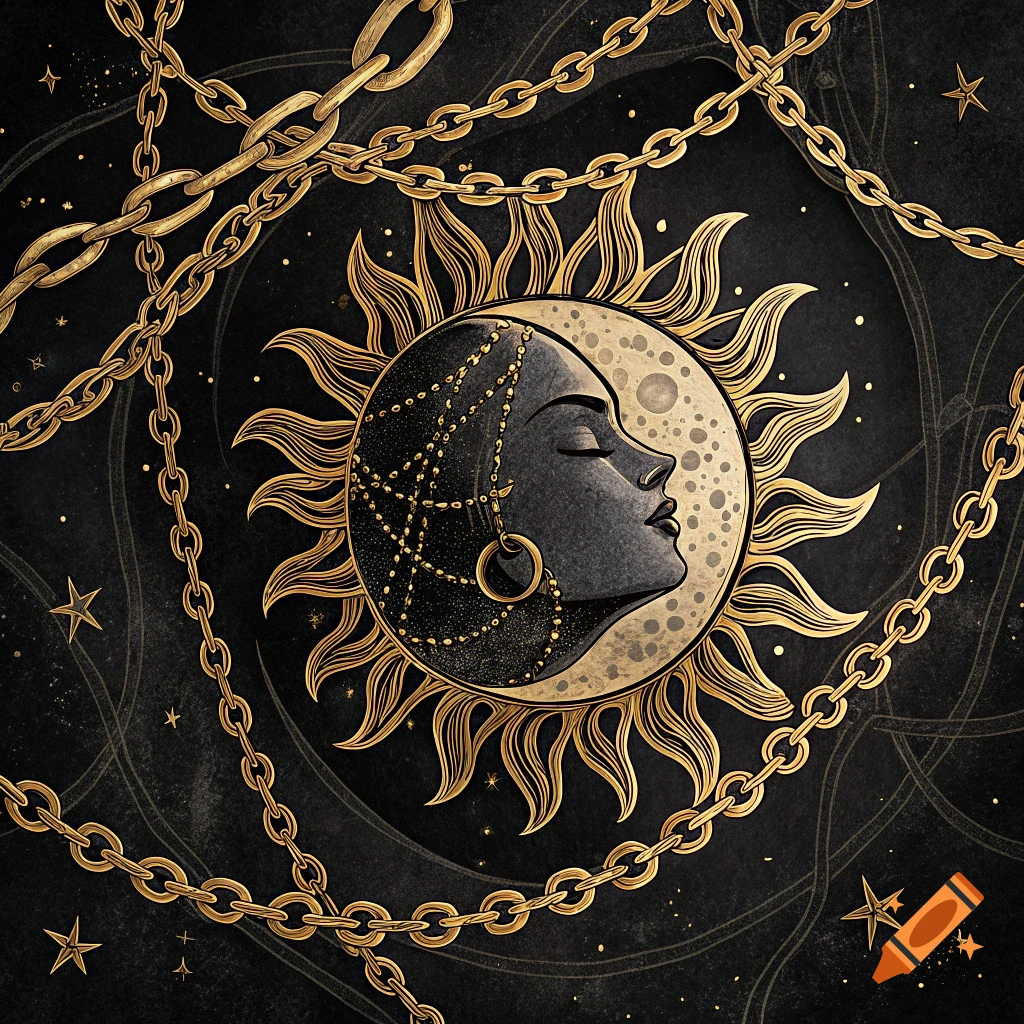 Stylized face in a sun and moon motif surrounded by gold chains on a dark background.