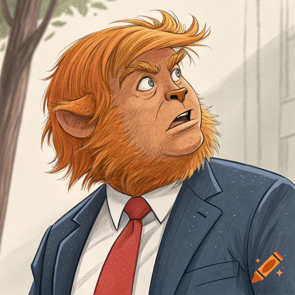 Stylized illustration of a creature resembling Donald Trump with fur, ears, suit, and red tie looking upwards.