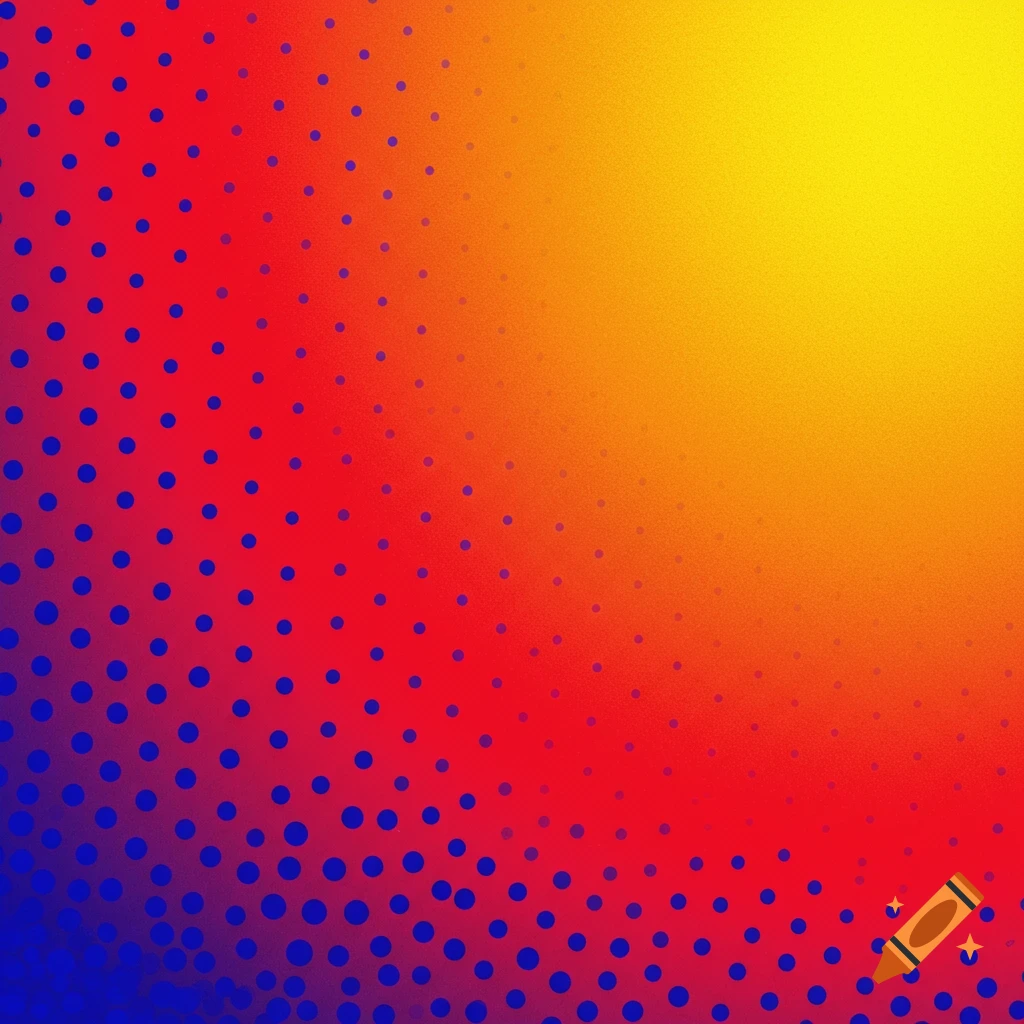 An abstract background with a red to yellow gradient covered in blue polka dots.