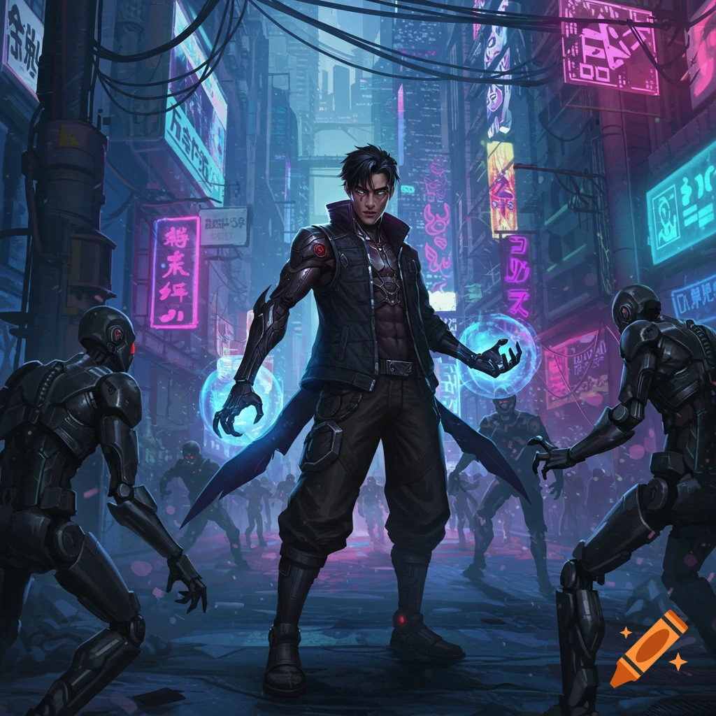 A character with glowing hands confronts robots in a rainy cyberpunk city street at night.