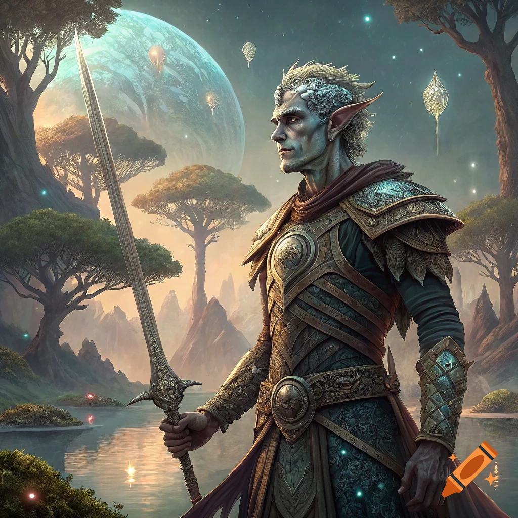 An elf-like warrior in ornate armor holding a sword by water in an alien landscape.
