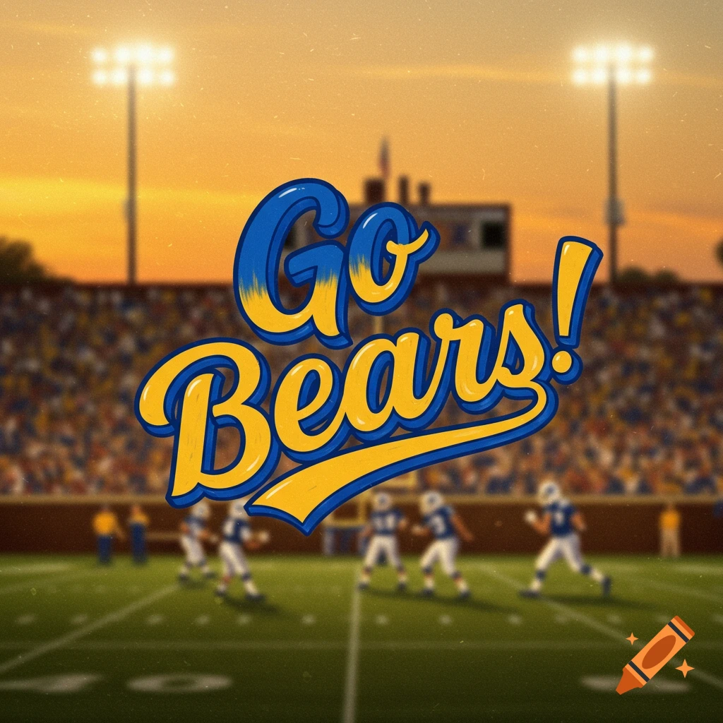 Text 'Go Bears!' over a blurred American football stadium