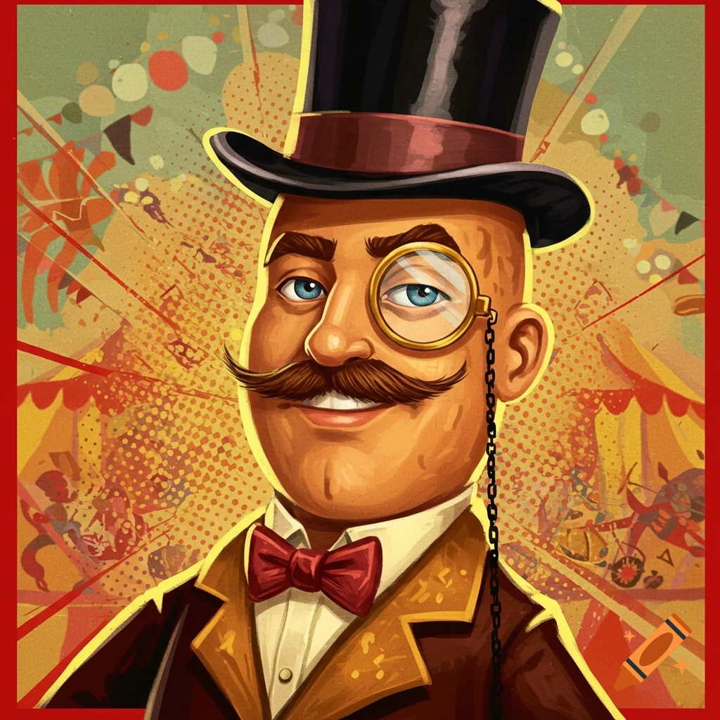 A cartoon man is depicted with a mustache, top hat, monocle, and bow tie, against a circus background.