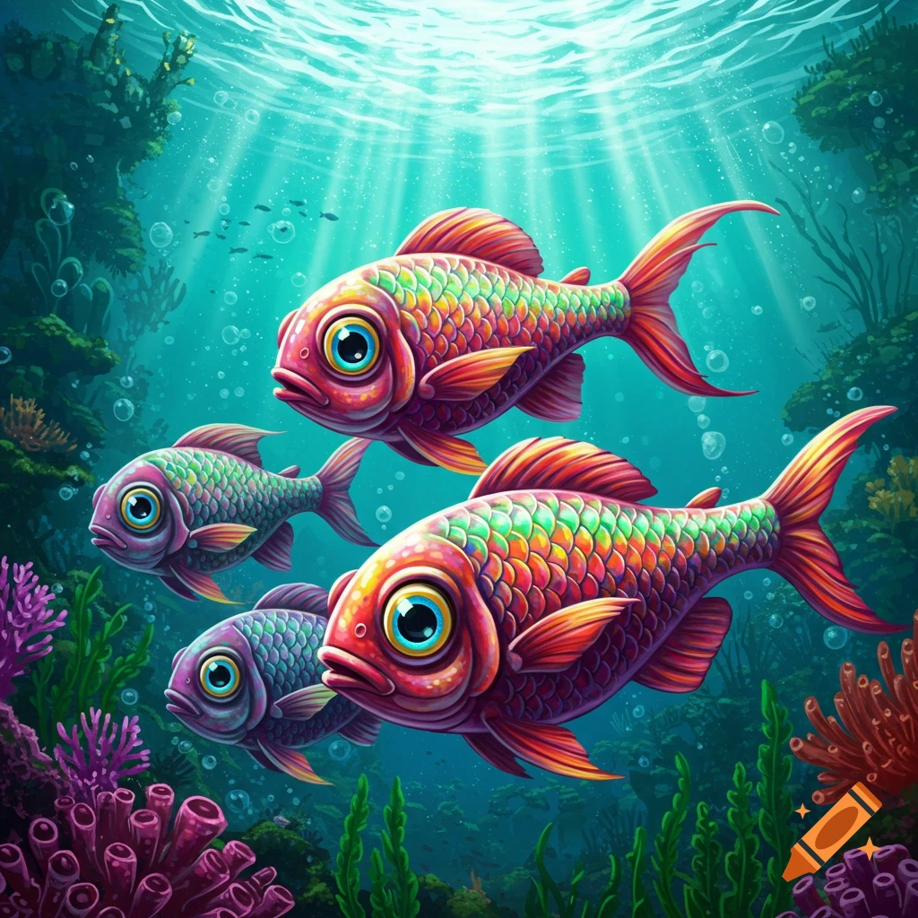 Three colorful fish with big eyes swim in an underwater scene.