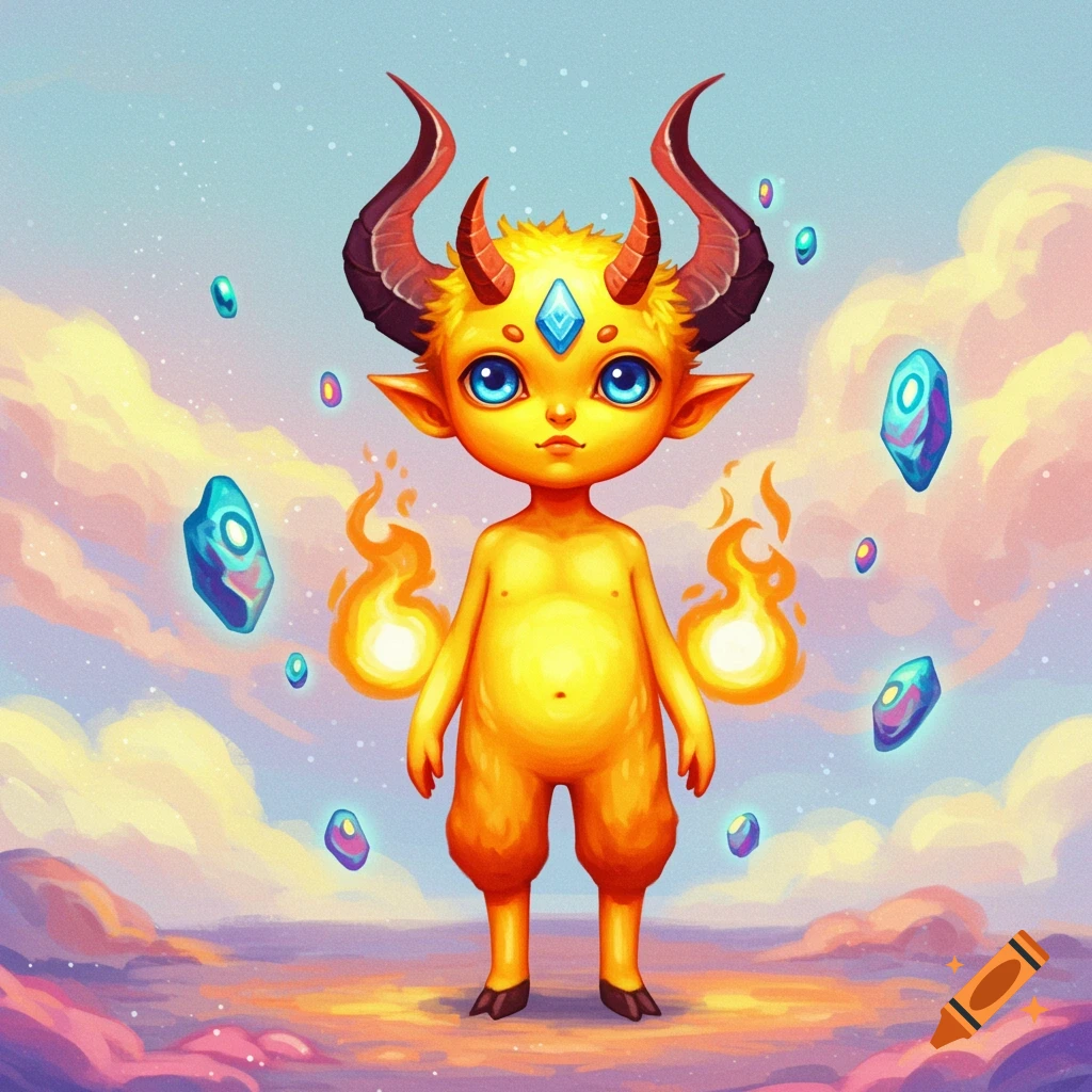 A stylized yellow creature with horns and blue eyes stands amidst flames and floating gems against a cloudy sky, digital art.