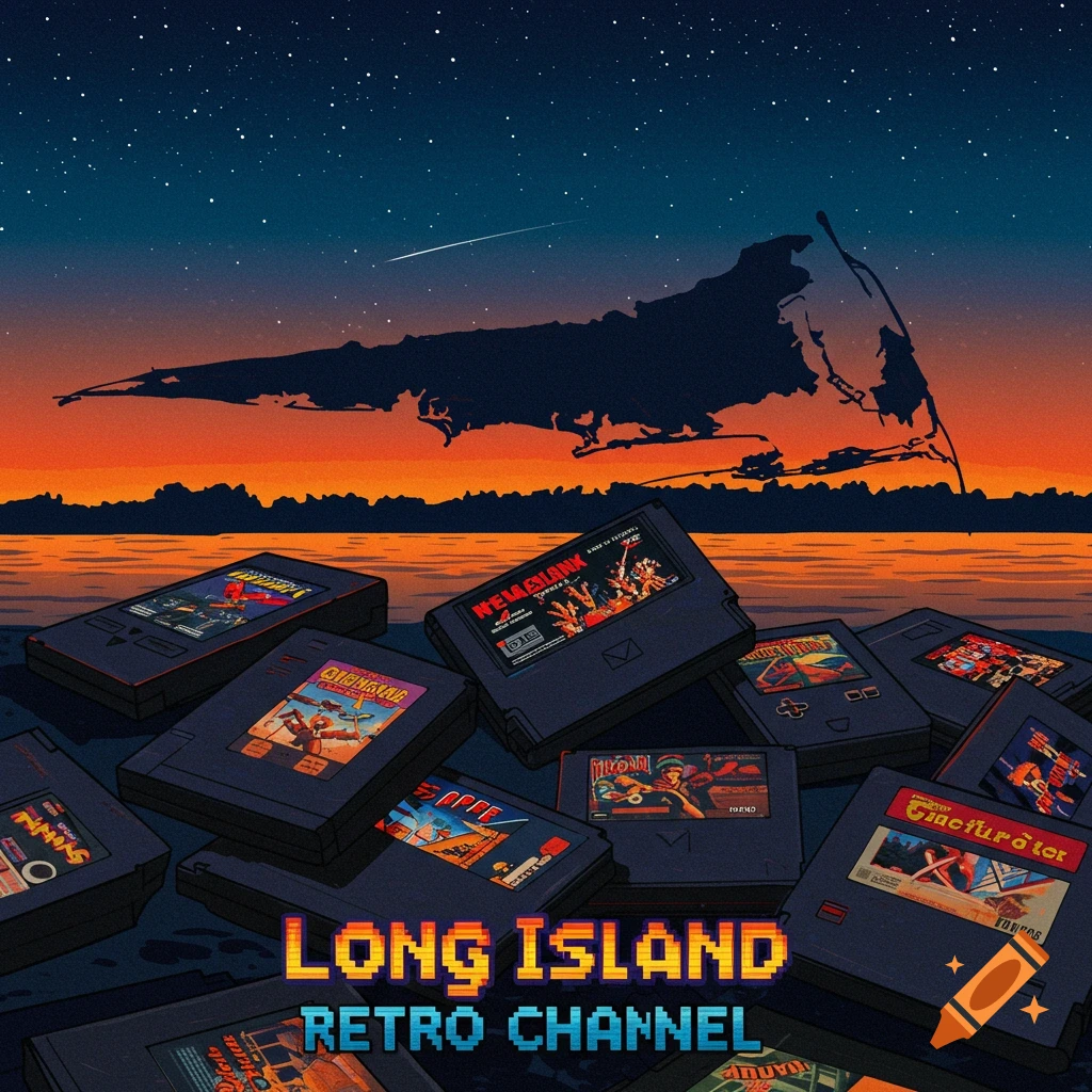 Long Island silhouette against sunset sky, with retro game cartridges in foreground and pixelated text.