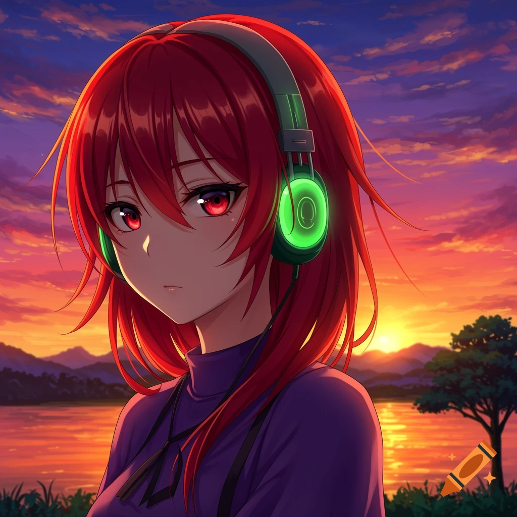 Anime girl with red hair and green headphones looks at the camera during sunset.
