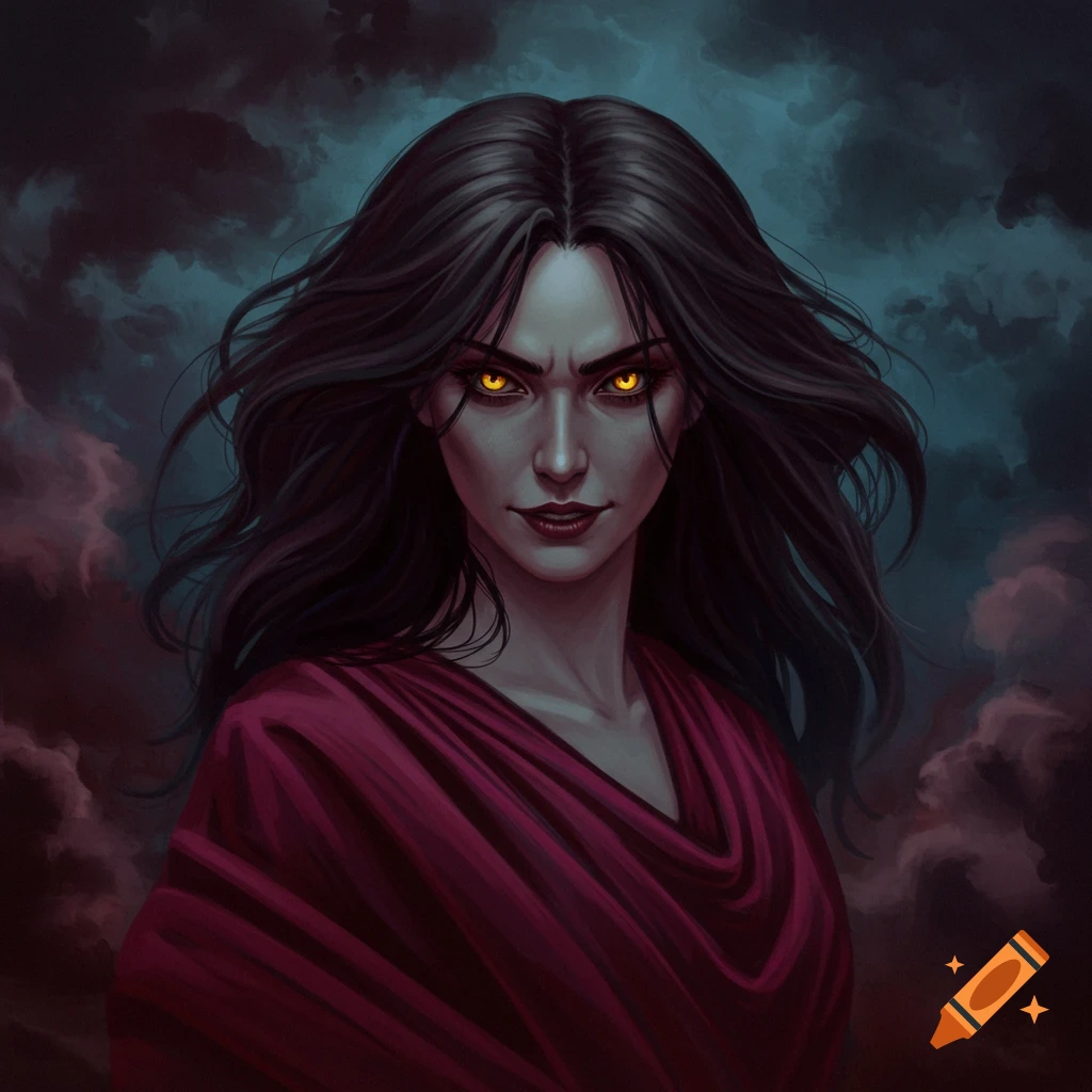 A woman with glowing yellow eyes and dark hair against stormy clouds.