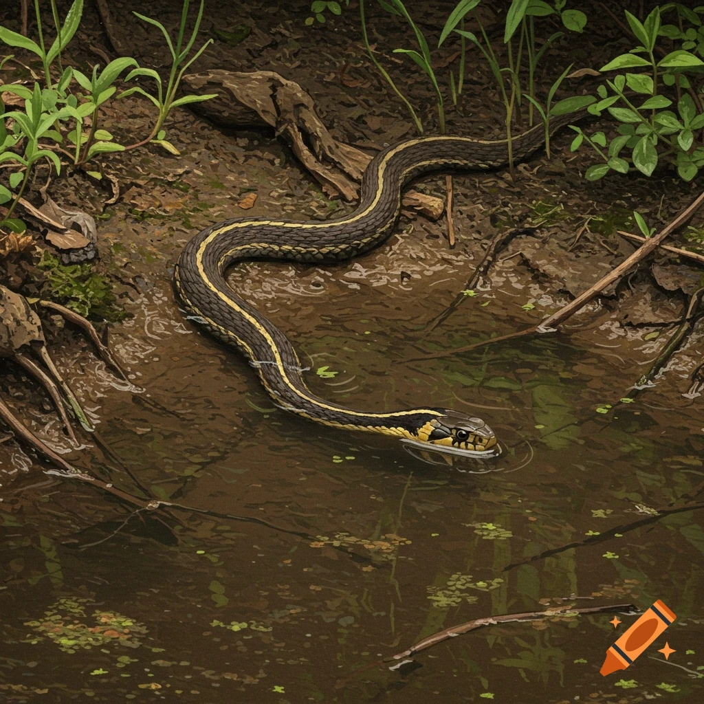 A garter snake in muddy water.