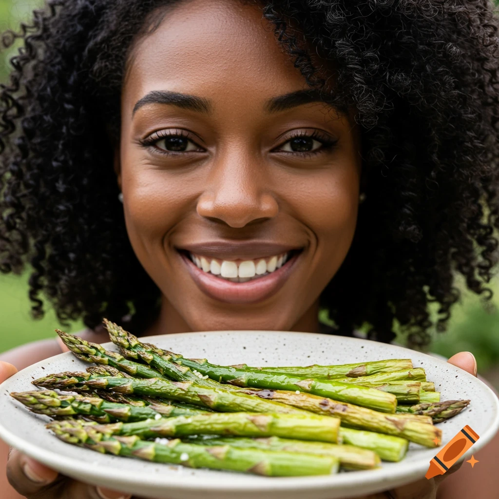 A close-up, photorealistic image of a smiling woman of color holding a plate of roasted asparagus.