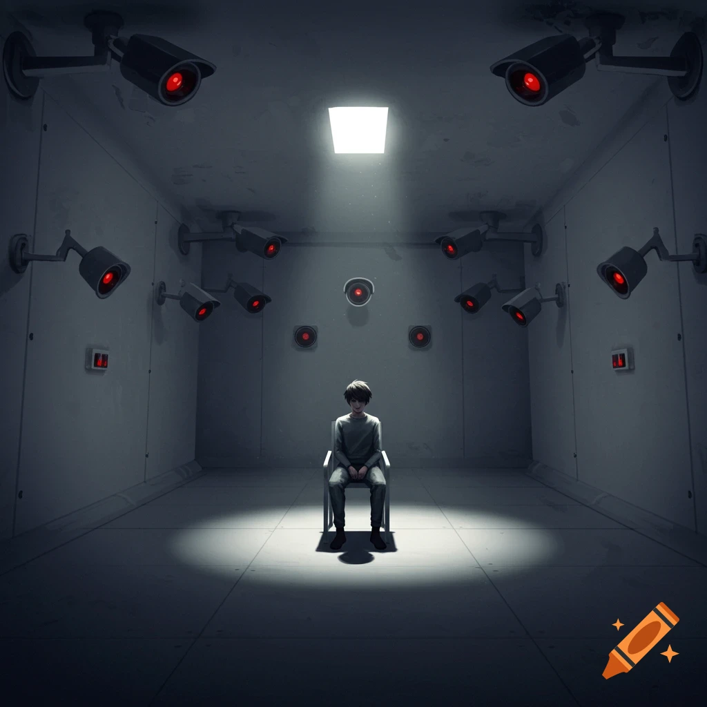 A child sits in a chair in a room filled with surveillance cameras.