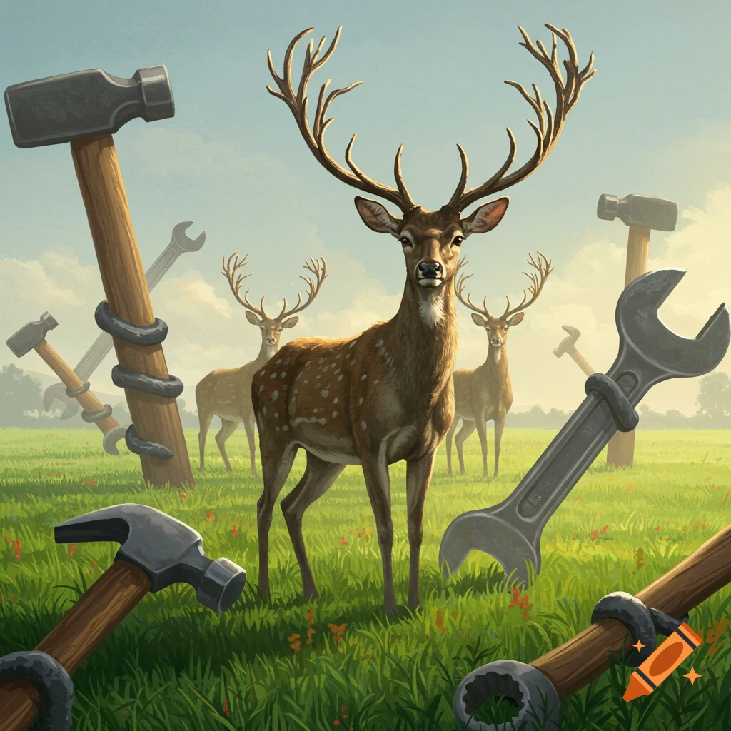 A group of deer are standing among large hammers and wrenches in a field.