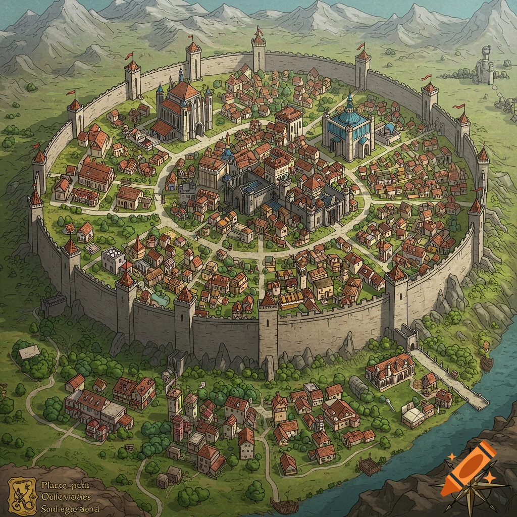 Overhead illustration of a fantasy city map surrounded by a large wall, showing buildings, roads, and landscape.
