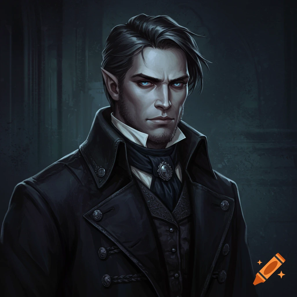 A dark-haired man with pale skin, pointy ears, and blue eyes wearing Victorian clothes.