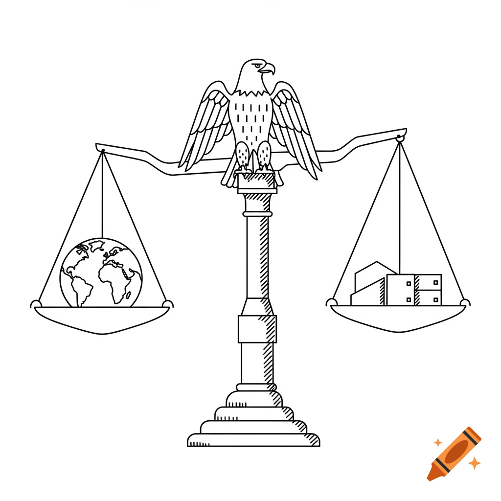 Line drawing of scales balancing a globe against buildings, with an eagle on the pillar.