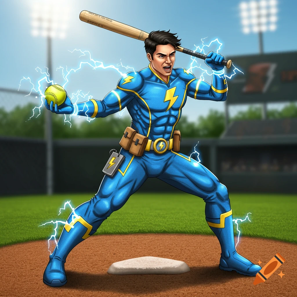 Superhero in blue suit with lightning bolts holding a bat and softball on a baseball field.