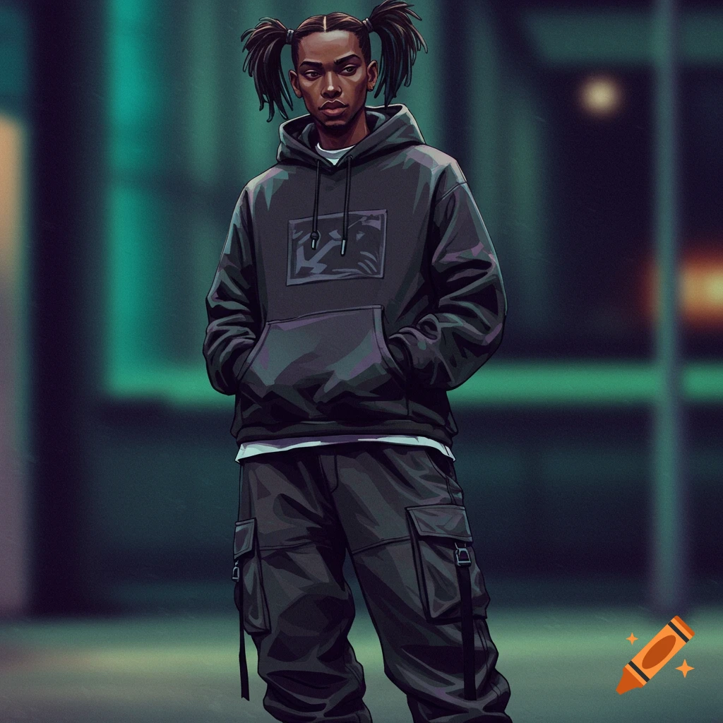 A person with two ponytails wearing a black hoodie and cargo pants, hands in pockets.
