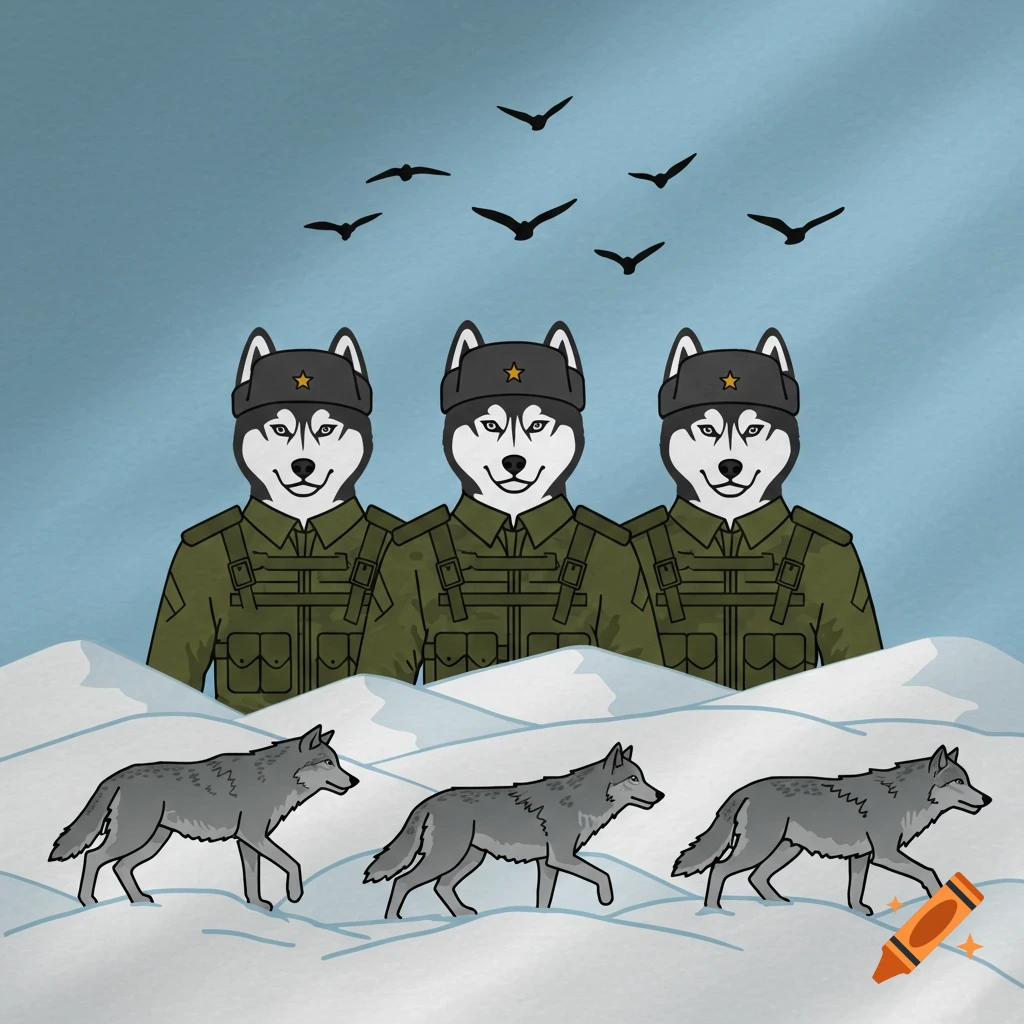Three cartoon huskies in military uniforms stand behind three wolves walking in snow under flying birds.