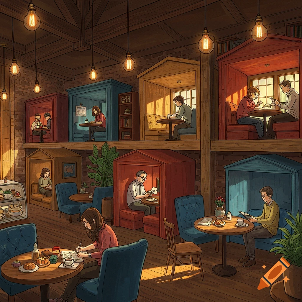 A multi-level coffee shop with individual nooks where people are reading and working.