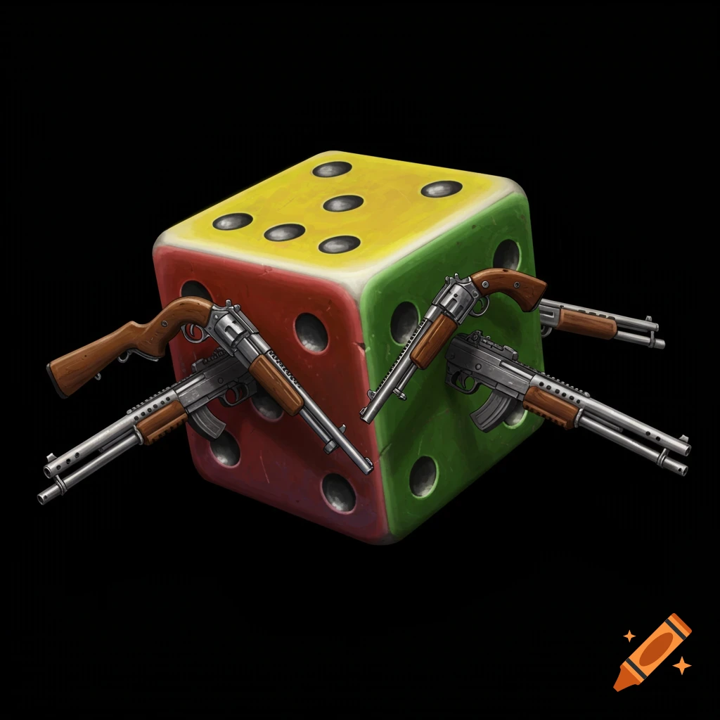 A colorful die with guns strapped to its sides.